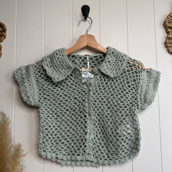 Free People crochet top collard button-front knit cotton XS boho preppy - Picture 3 of 8